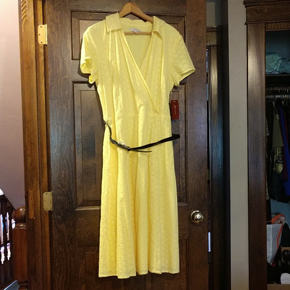 NWT 🌞Eyelet Yellow V neck dress with belt.